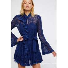 Delicate Sheer Lace Mini Dress Statement Ruffle Detailing Down The Front